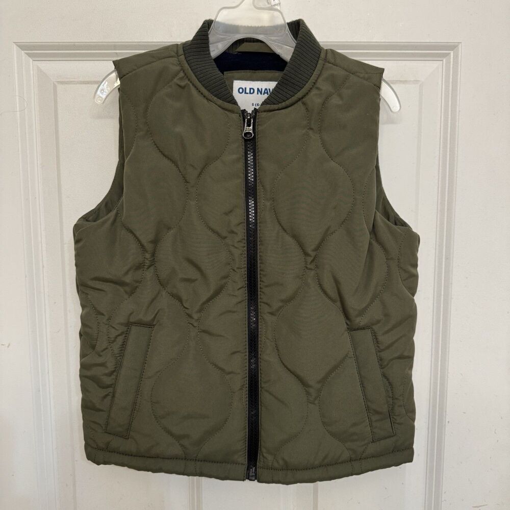 Old Navy Jacket Youth 6-7 Olive Green Vest Full Zip Mock Neck Pockets Quilted